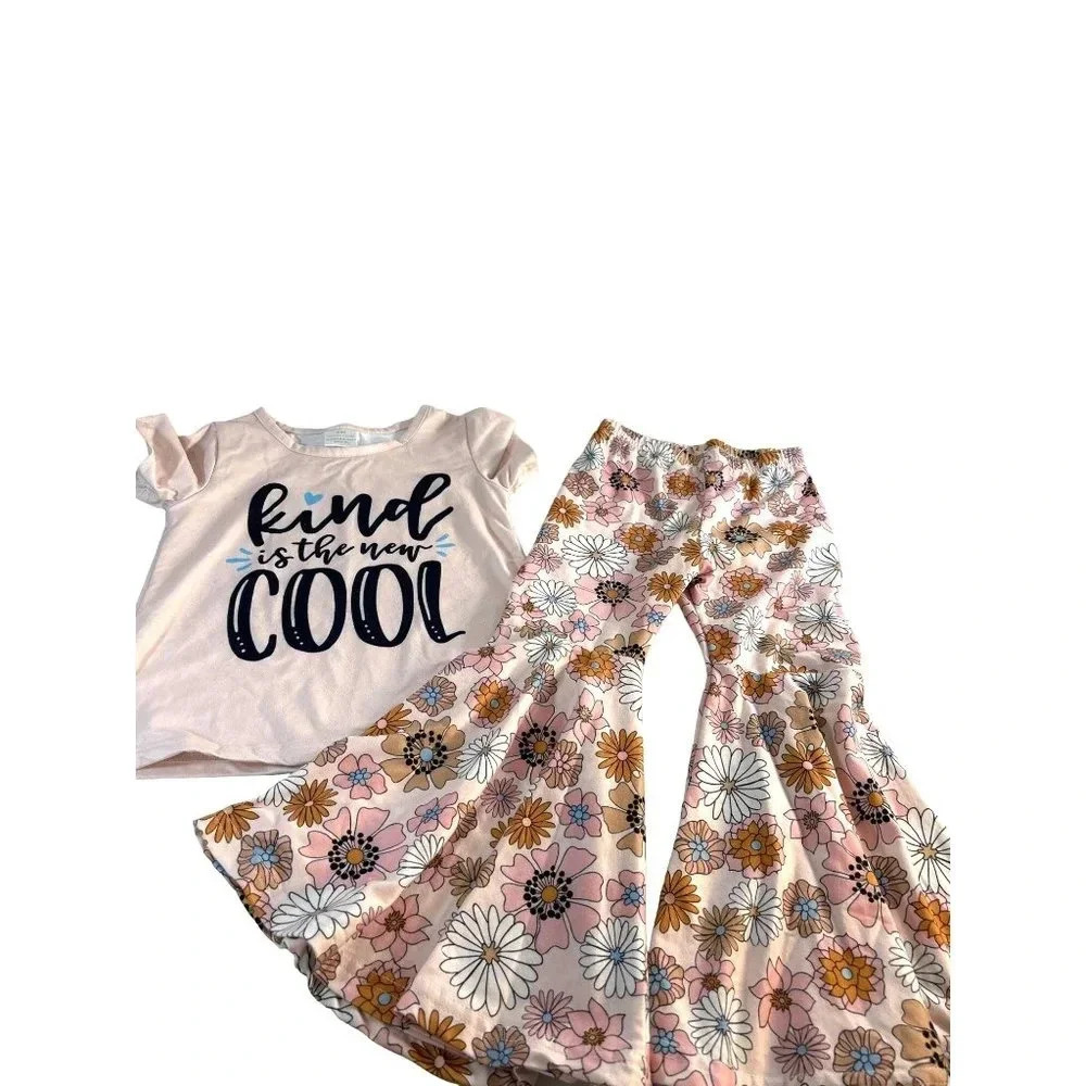 Decoration Toddler Girls Matching Set Bell Bottoms & Graphic Tee Pink Floral Siz